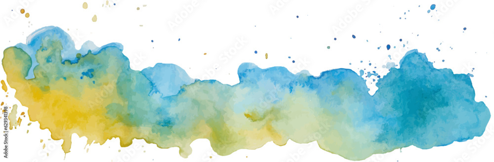 Abstract yellow and blue watercolor stain isolated on white background. Hand drawn illustration. Vector EPS.