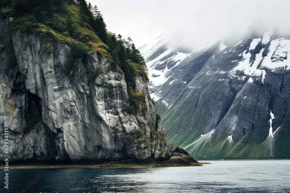 A cliff face on the coast of a body of water with a mountain range in the background. The cliff face is steep and rocky with trees and shrubs growing on it 