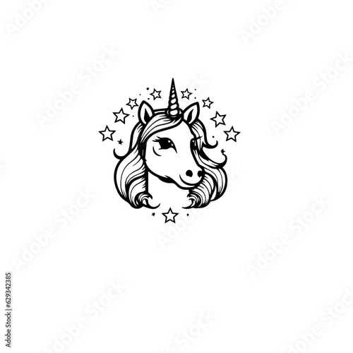 Cute cartoon unicorn. Black and white vector illustration