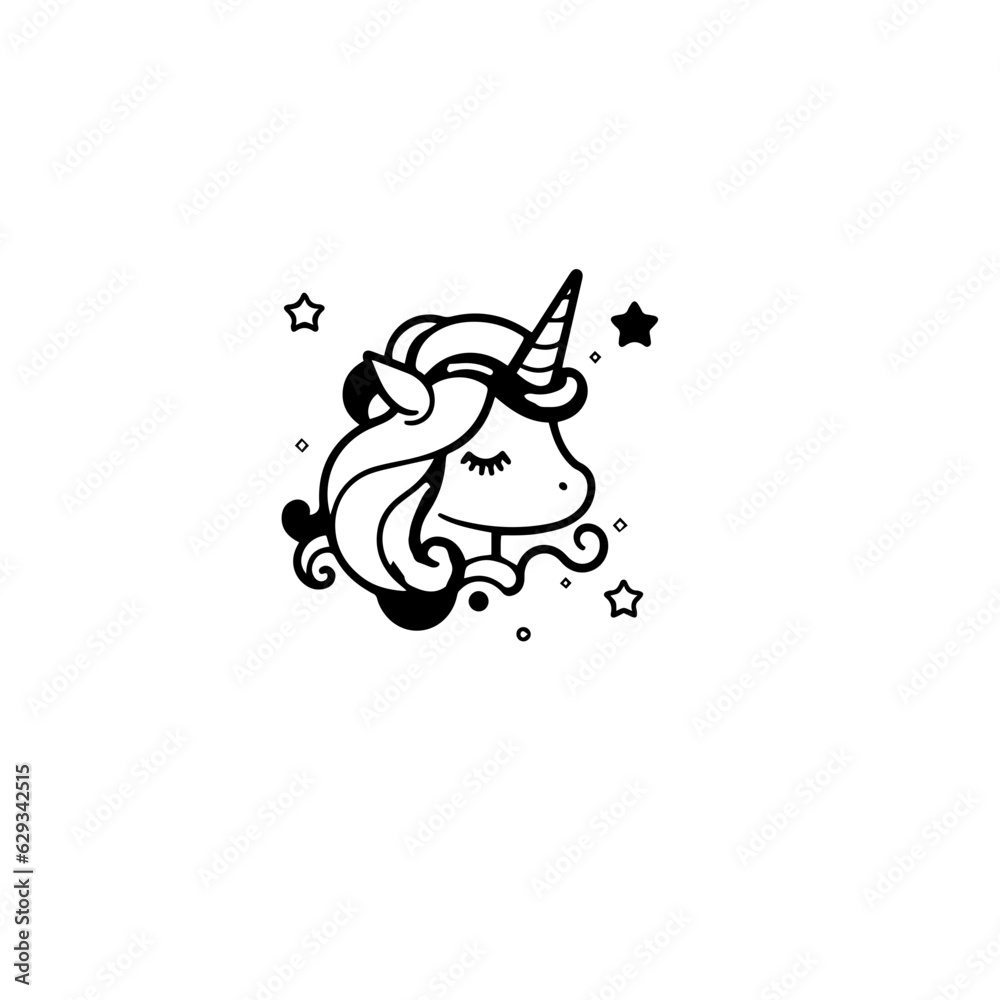 Cute cartoon unicorn. Black and white vector illustration