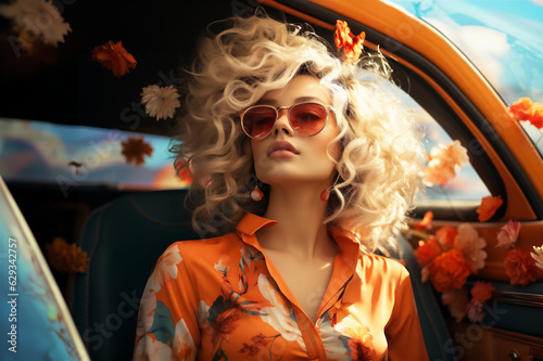 a girl with sunglasses in the style of vintage poster design, classic american cars, barbie style © pixel78 Design