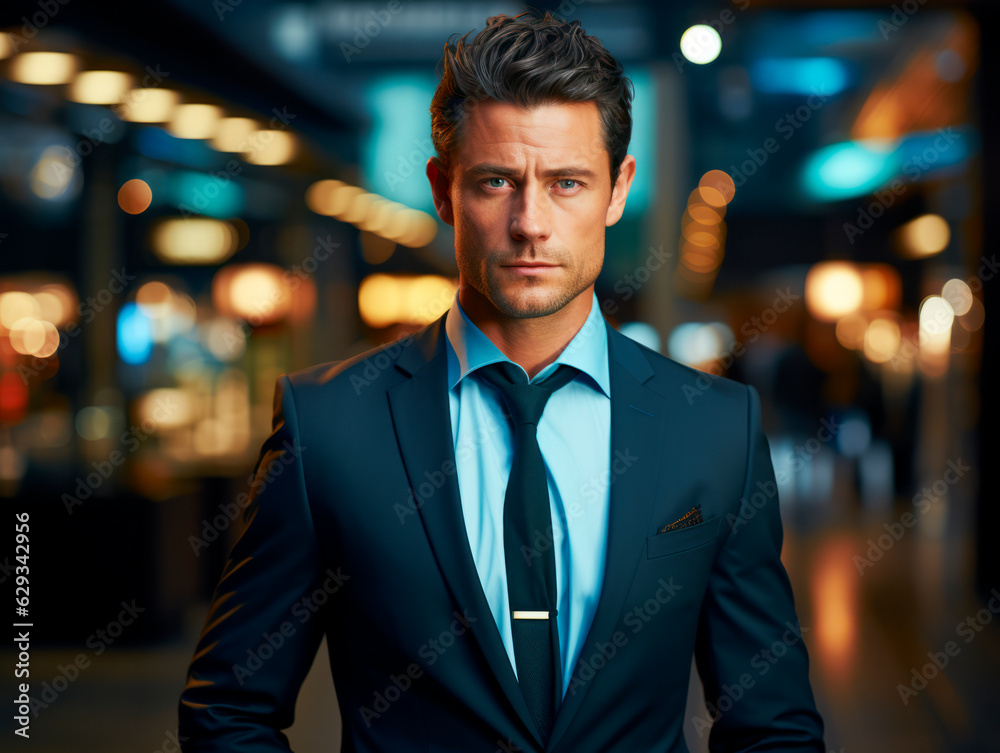 Portrait of a young businessman standing in the city at night. Generative AI Portrait of a young businessman standing in the city at night. Generative AI
