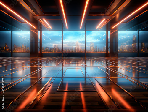 Modern empty office interior with neon lights and cityscape. Generative AI