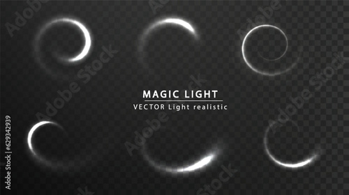 White abstract light spiral lines of movement and speed set. Magic light glow effect vortex wave vector. Luminous white lines of speed, flying christmas star.