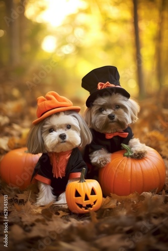 two dogs dressed up in Halloween costumes with pumpkins