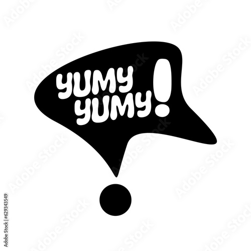 YUMY YUMY text vector illustration. doodle retro hand drawn calligraphic style. black and white lettering border poster border