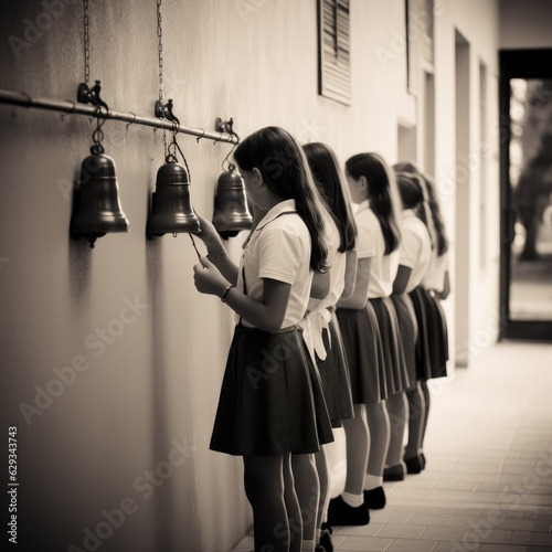Ragazze suonano la campanella a scuola photo