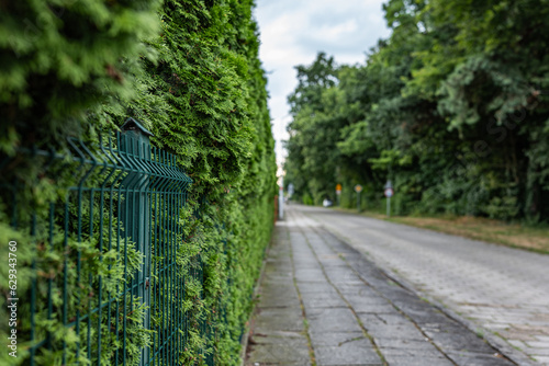 ogrodzenie idące przy działce wzdłuż drogi na podmiejskim osiedlu w zachodniej polsce