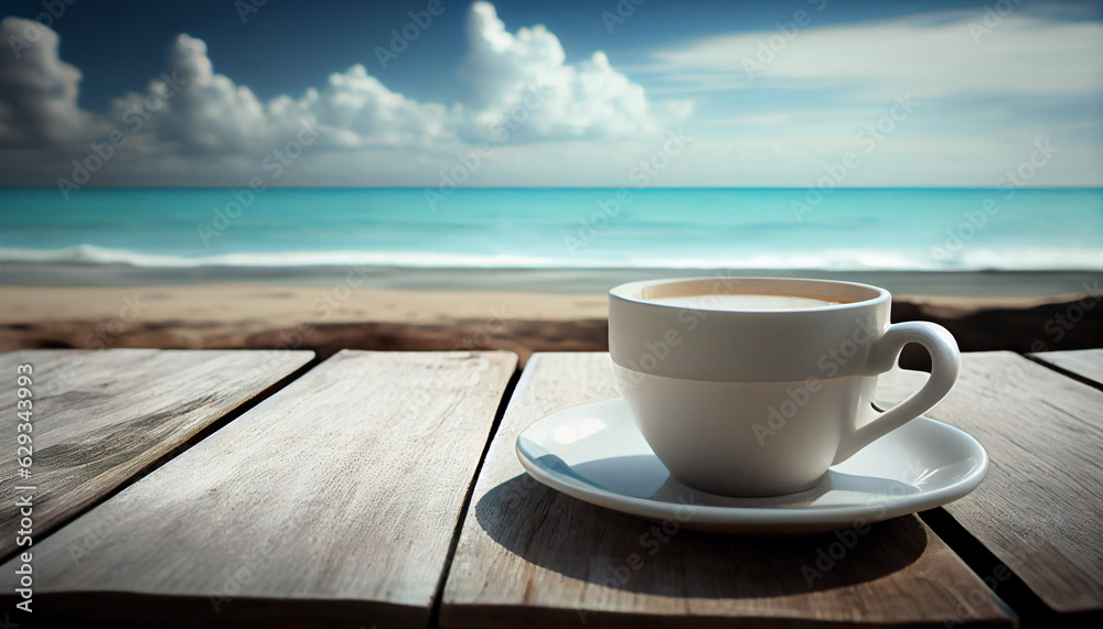 white cup of coffee on the table on beachside white cup of coffee on the table on beachside