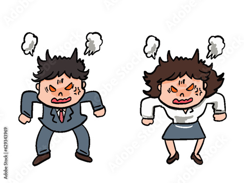 鬼の形相で怒る男性と女性のイラストセット　全身　顔