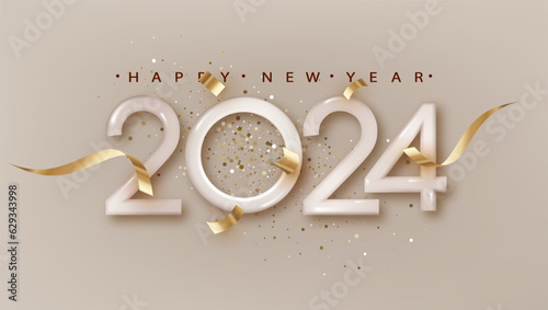 Happy New Year 2024. Realistic 3d number with falling confetti on bright background.