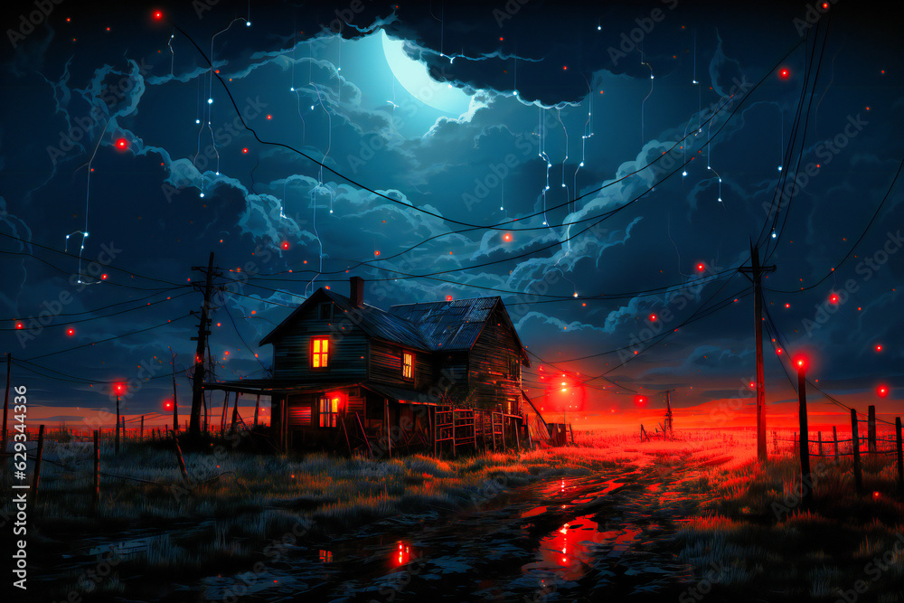 an image of a house set against red lights