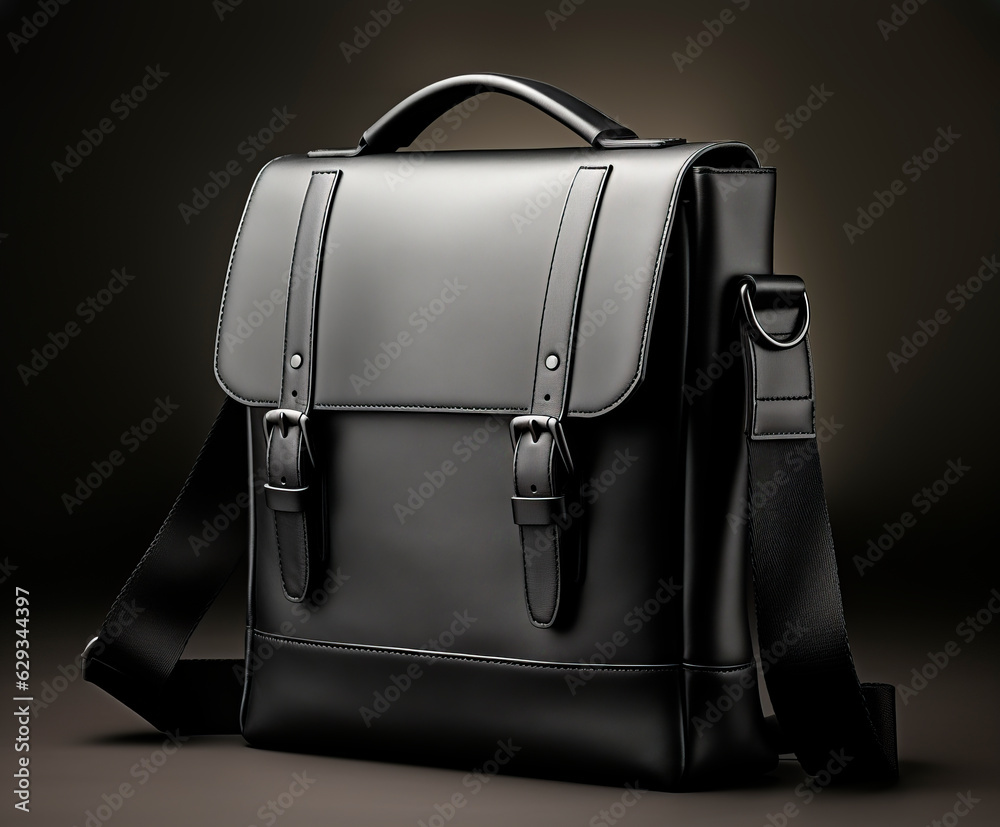 Black leather backpack on a dark background. Generative AI Black leather backpack on a dark background. Generative AI