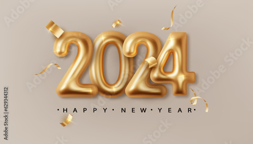 2024 Gold metal number. Happy New Year and Merry Christmas witch glossy metal decoration 2024 . Vector 3d realistic Greeting card.
