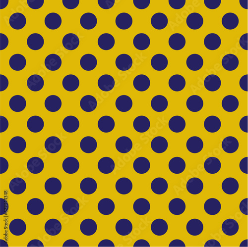 OLGA (1979) “polka dots” textile seamless pattern • Late 1970’s fashion style, fabric print (dark blue dots on dim yellow backdrop).