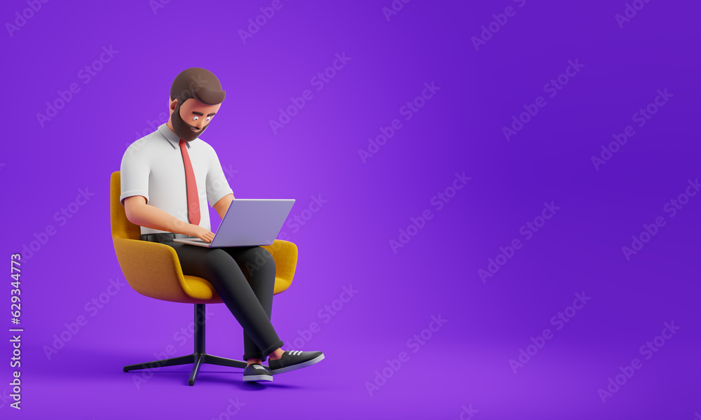Cartoon Character businessman white shirt seated seat on yellow office armchair work with laptop over purple background.