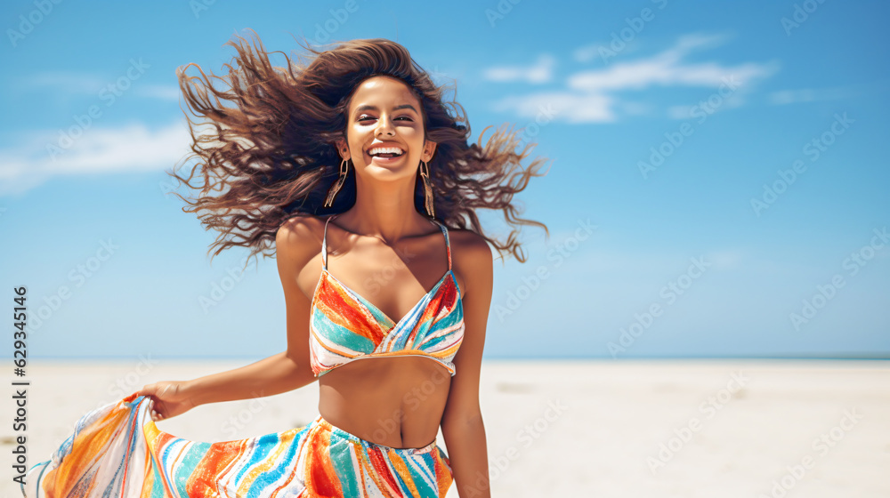 happy summer with a indian fashion model walking joyful along the beach happy summer with a indian fashion model walking joyful along the beach