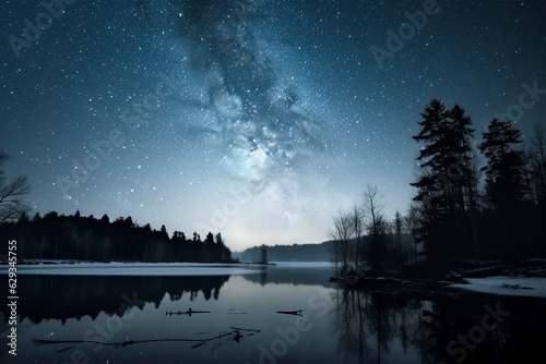 Frozen Serenity: A Snowy Mountain Lake Bathed in the Mystical Glow of the Milky Way, ai generative © larrui