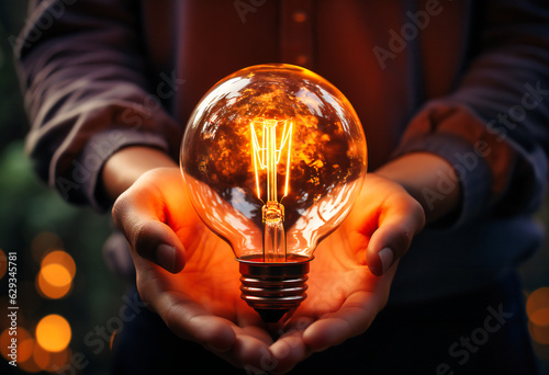 a photo of a glowing light bulb in a hand