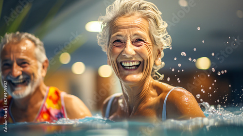 elderly couple doing water aerobics together