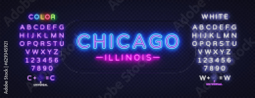 Blue chicago neon in vintage style on light background. Poster design element. Typography design. Creative banner, label vector. Editing text neon sign. Vector graphic illustration