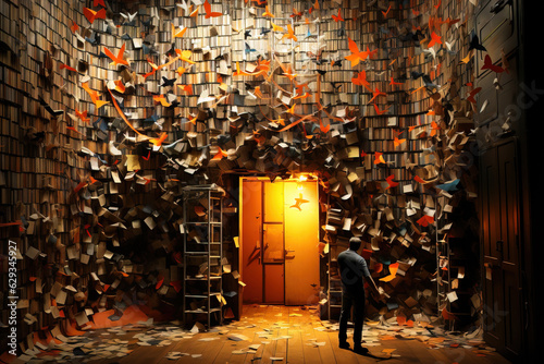 Man standing in a library with walls full of books. Reading concept. Study concept