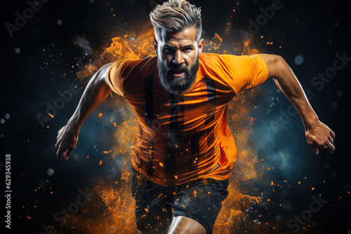 Football/soccer player with orange jersey. Isolated on a black background