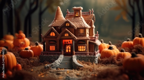 chocolate gingerbread house decorated with chocolate icing and orange marzipan pumpkins around the house. happy halloween. 