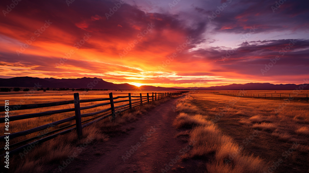 sunset in the Highlands near the long fence. Generative Ai. 