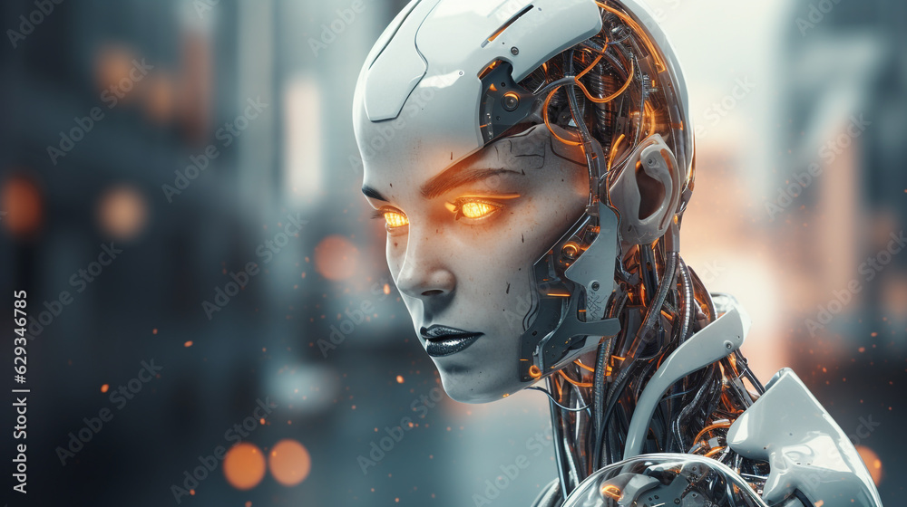 robot with artificial intelligence close-up on a blurred background. Generative Ai. robot with artificial intelligence close-up on a blurred background. Generative Ai.