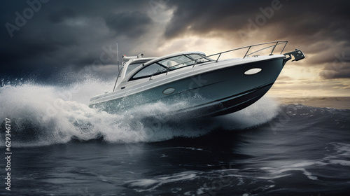motorboat sails at high speed on the sea before a thunderstorm. Generative Ai.  © PETR BABKIN