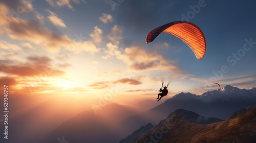paraglider in the sky at sunset. Generative Ai. 
