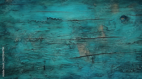 old cracked wood texture painted in turquoise paint. Generative Ai. 