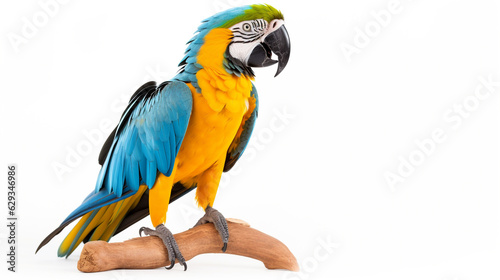 blue and yellow macaw parrot on a branch on a white background. Generative Ai. 