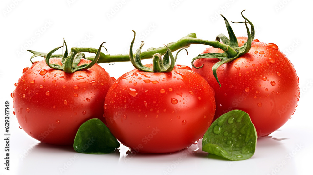 beautiful ripe red tomatoes on a white background with water drops. Generative Ai. beautiful ripe red tomatoes on a white background with water drops. Generative Ai.