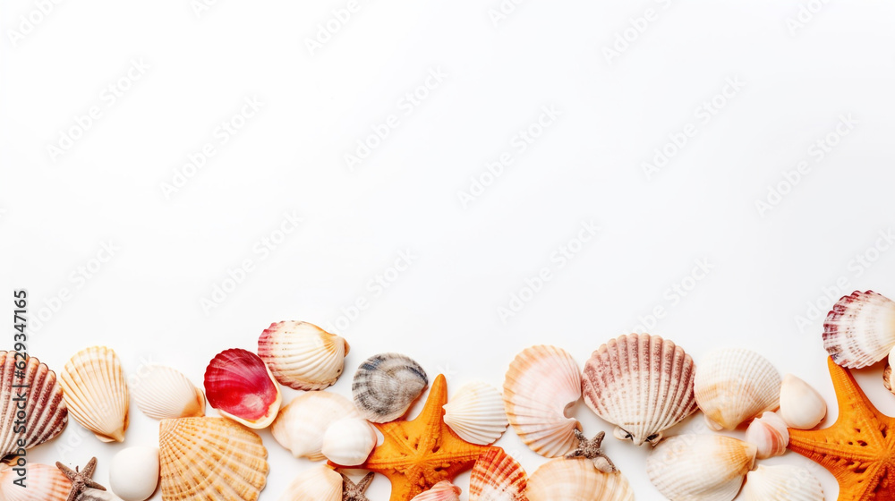 starfish and shells on a white background with empty space to insert. Generative Ai. 