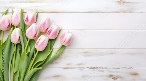 bouquet of beautiful tulips on white wooden table. Generative Ai. 
