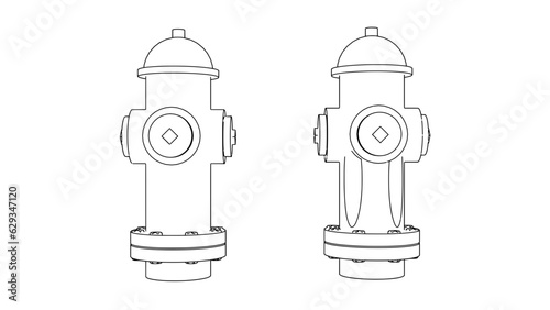 a close up of two fire hydrants on a black background, cad, full front side views, dithering, designed in blender, stroked lighting path, heavy shading, 2d modeled, stroked path, 2d rendering,