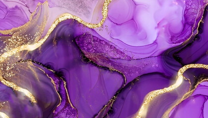 Luxury purple and gold stone marble texture. Alcohol ink technique abstract background. Modern paint with glitter. Template for banner, poster design. Fluid art painting