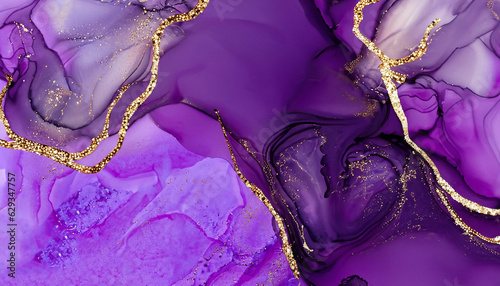 Luxury purple and gold stone marble texture. Alcohol ink technique abstract background. Modern paint with glitter. Template for banner, poster design. Fluid art painting photo