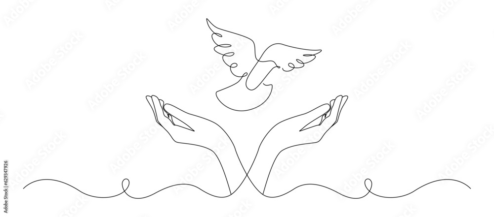 One continuous line drawing of flying dove with two hands. Bird symbol of peace and freedom in simple linear style. Mascot concept for national labor movement icon. Doodle vector illustration One continuous line drawing of flying dove with two hands. Bird symbol of peace and freedom in simple linear style. Mascot concept for national labor movement icon. Doodle vector illustration