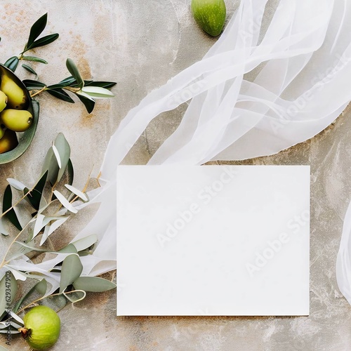 An enchanting summer wedding setting with blank greeting cards and invitation templates. Adorned with delicate white silk ribbons and veils, complemented by olive branches and fruits. 