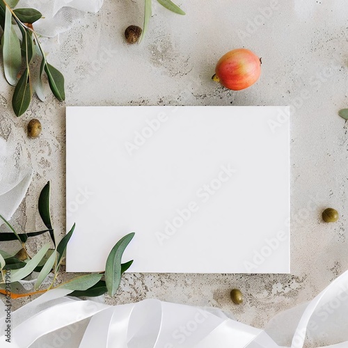 An enchanting summer wedding setting with blank greeting cards and invitation templates. Adorned with delicate white silk ribbons and veils, complemented by olive branches and fruits. 