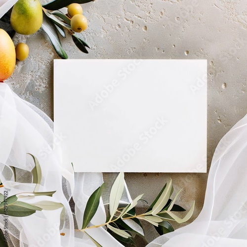An enchanting summer wedding setting with blank greeting cards and invitation templates. Adorned with delicate white silk ribbons and veils, complemented by olive branches and fruits. 