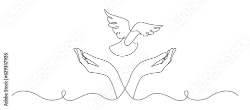 One continuous line drawing of flying dove with two hands. Bird symbol of peace and freedom in simple linear style. Mascot concept for national labor movement icon. Doodle vector illustration