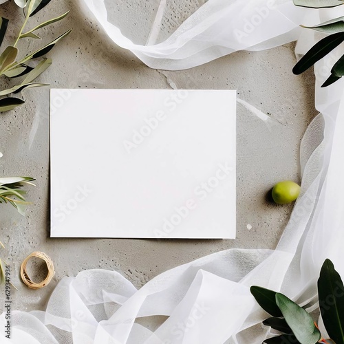 An enchanting summer wedding setting with blank greeting cards and invitation templates. Adorned with delicate white silk ribbons and veils, complemented by olive branches and fruits. 