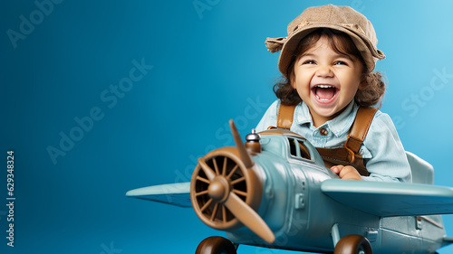 bambino felice che gioca con un areoplano azzurro, facendo finta di essere un pilota o un esploratore, sfondo azzurro e spazio per testo,  photo