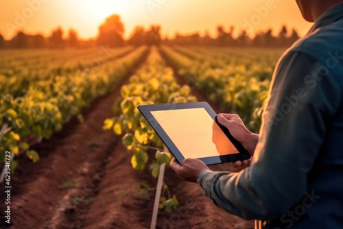 hands of a farmer with a tablet on the background of a field at sunset.  photo