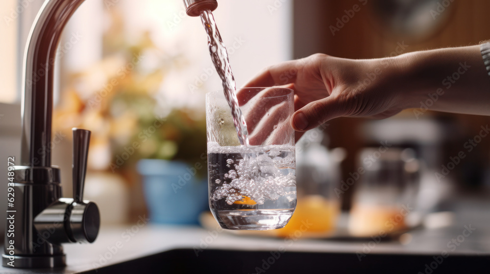 pour water into a glass from the tap. Clean drinking water: filling a glass cup from a kitchen faucet. 