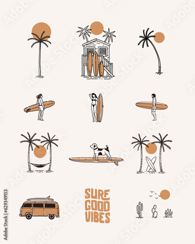 Surfing. Set of vector illustrations on theme of summer holidays in linear style. Hot sun, palm trees, girl in swimsuit with surfboard. Stylish design for printing poster, postcard.